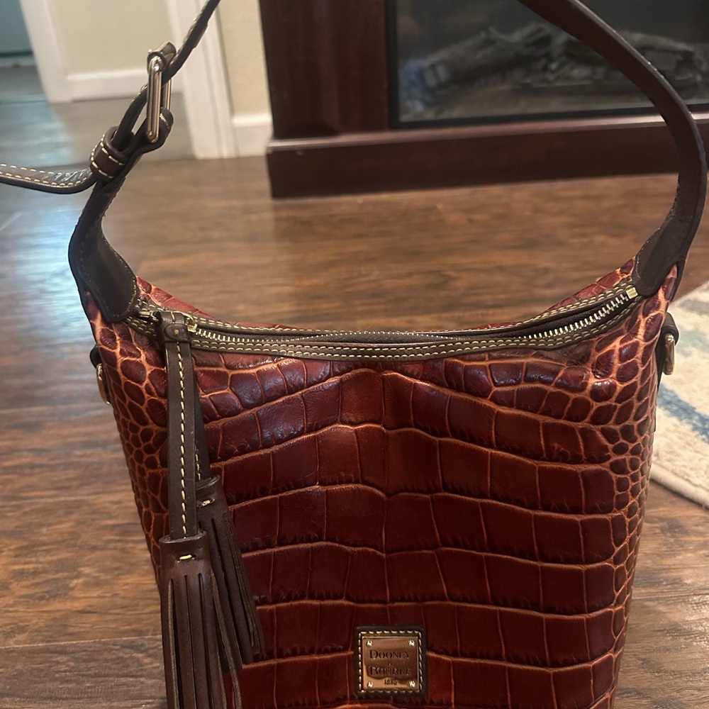 Dooney & Bourke Brown Croc Embossed Shoulder Bag with Tassel